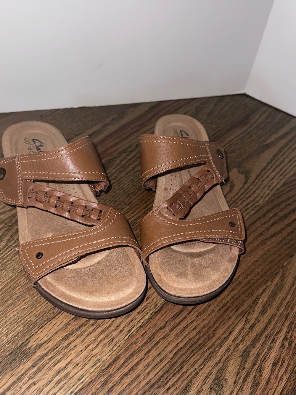 Clarks April Raelyn Tan Woven Leather Slide Sandals